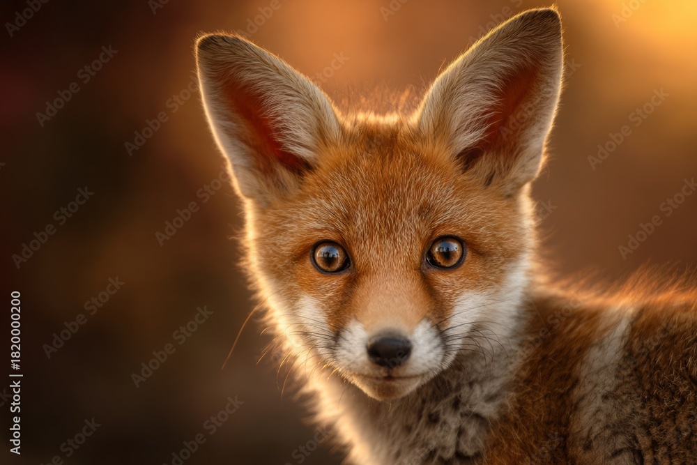 Naklejka premium Fox cub close-up with shiny eyes and a sly little smile.