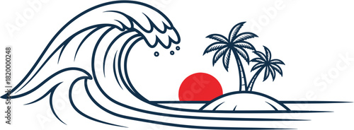 Illustration of a wave crashing next to a tropical island with palm trees and a red sun.