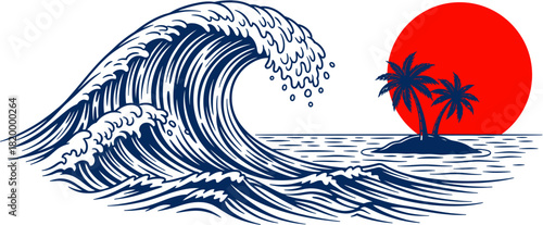 A powerful, stylized blue ocean wave crests near a small tropical island with palm trees, set against a large red sun.