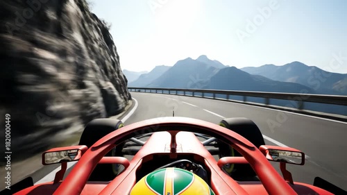 Formula 1 Race Car Driving Through Mountain Road
