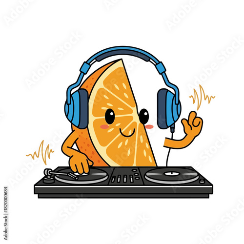 A cartoon orange slice wearing headphones and mixing music on a dj turntable