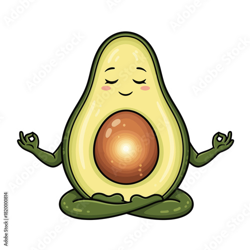 Cute cartoon avocado meditating in a yoga pose with a smiley face and green arms and legs