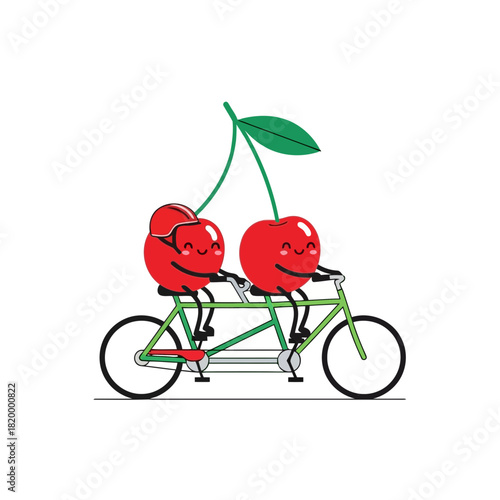 Two smiling cherries riding a tandem bicycle with a leaf on top, cartoon illustration