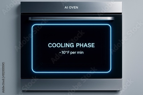 A modern AI oven with a sleek design. The display shows 'COOLING PHASE' with a temperature drop of '-10°F per min'.