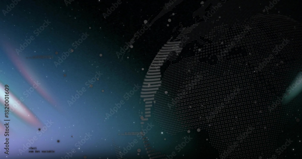 Naklejka premium Displaying dotted digital globe on right in virtual space, emitting light streaks with nodes