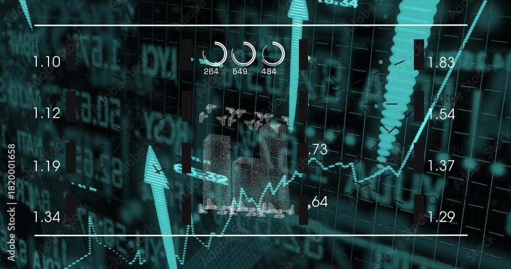 Fototapeta premium Displaying finance dashboard showing teal upward trend line rising with 3D arrow, candles, meters
