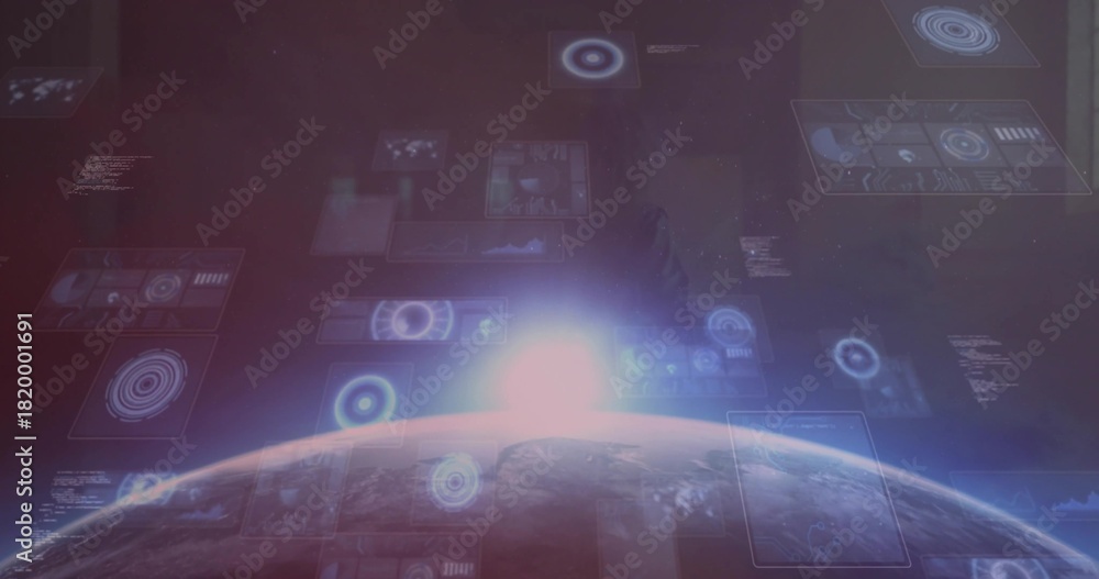 Obraz premium Displaying curved planetary horizon with bright sun flare and holograms in orbit, with charts