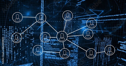 Connecting central hub node linking white circular avatars via spokes in 3D grid, glowing code