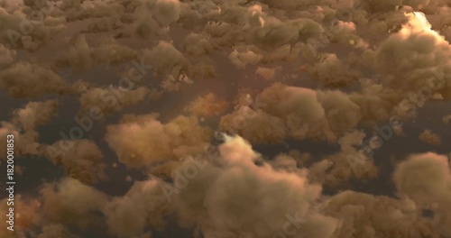 Gliding drone camera capturing dense cumulus cloud field at high altitude, with warm sunlit glints