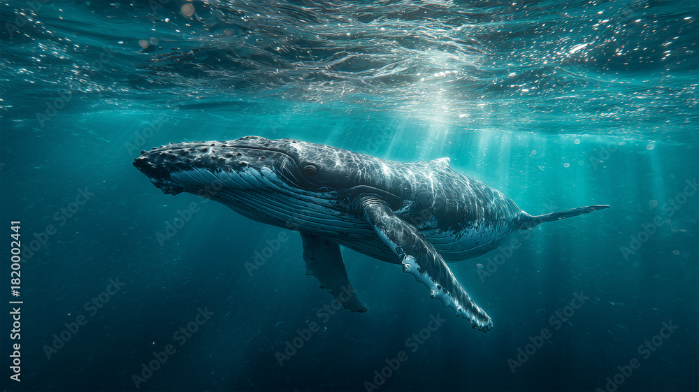 Fototapeta premium 光芒に包まれた海中をゆったり進むザトウクジラの姿