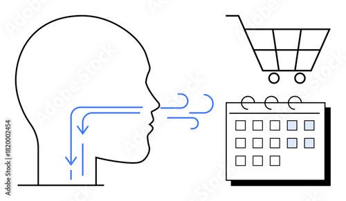 Human head outline with airflow lines, shopping cart, and calendar. Ideal for health, respiration, scheduling, daily planning, consumer habits breathing exercises medical. Simple flat metaphor