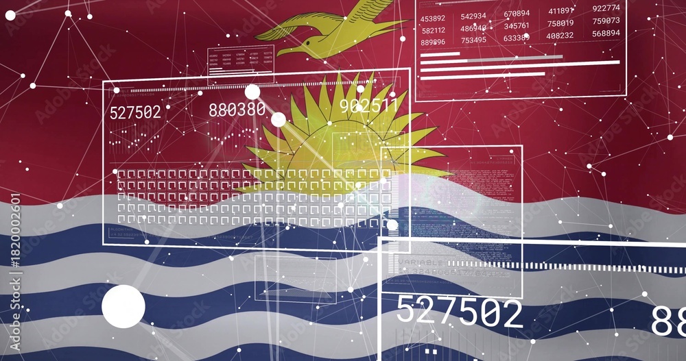 Naklejka premium Displaying stylized Kiribati flag in vector graphic, showing sun, frigatebird, UI panels and nodes