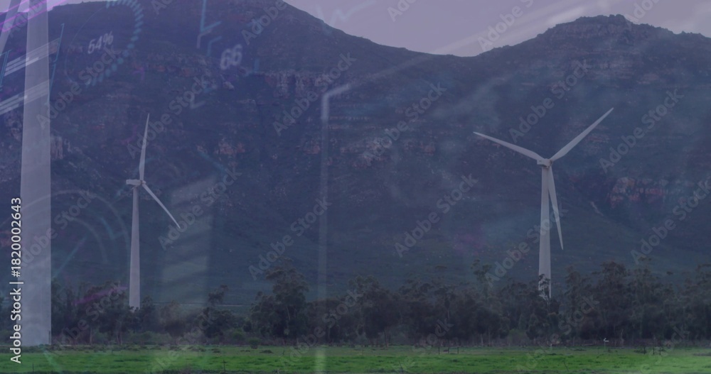 Obraz premium Standing three white turbines dominating mountain base at rural wind farm, with faint GUI overlay