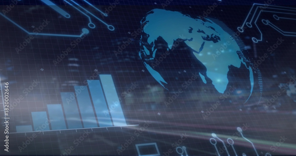 Obraz premium Glowing globe hovering on virtual dashboard, showing ascending bar chart, grid and circuit nodes