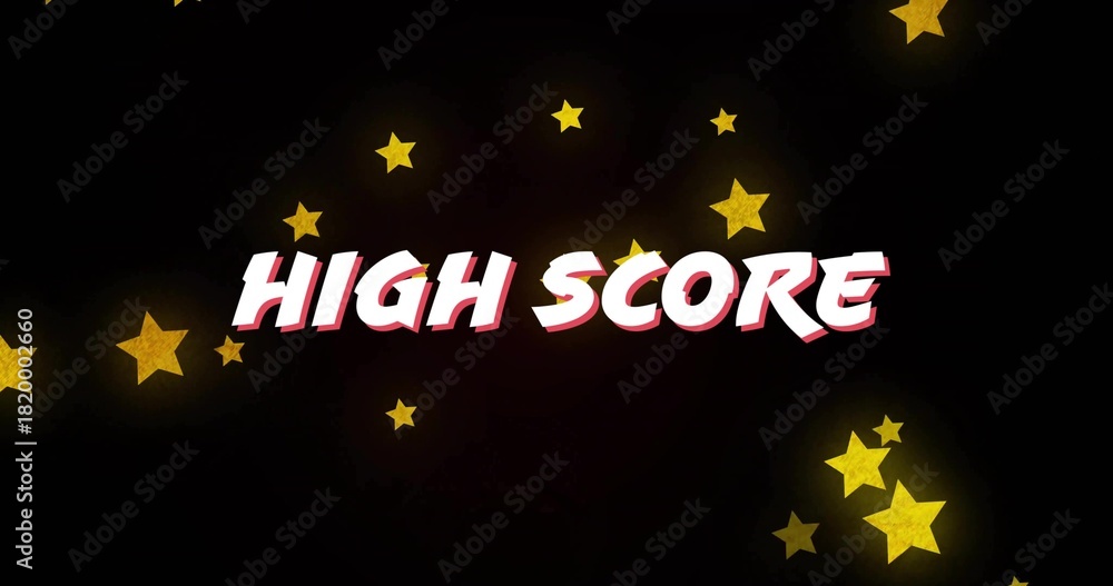 Fototapeta premium Displaying centered bold text reading HIGH SCORE on dark arcade screen, with glowing gold stars