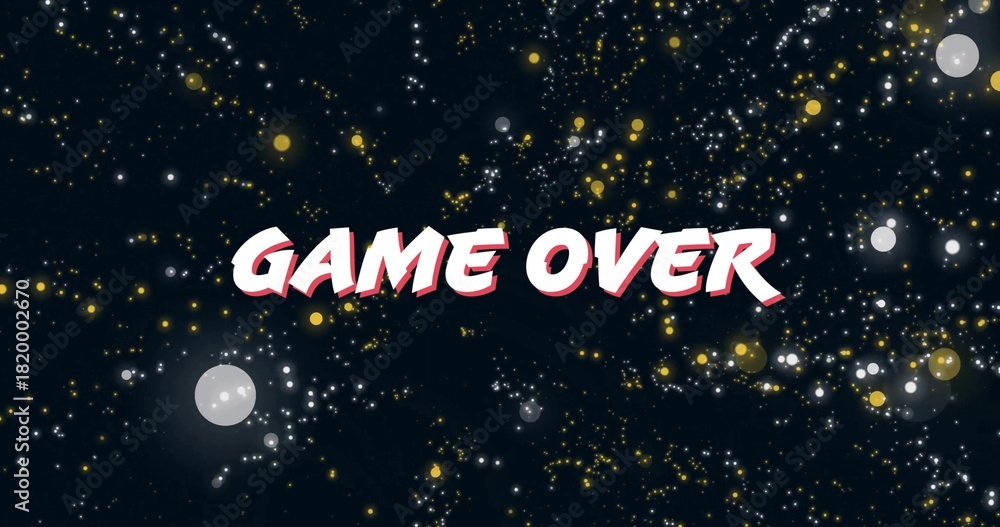 Fototapeta premium Displaying bold GAME OVER text floating in dark navy starfield, showing pink shadow and pale orbs