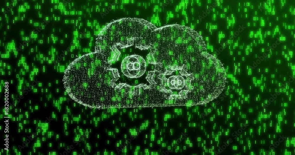 Naklejka premium Glowing particle cloud showing two white gears in virtual cyberspace, with green binary digits