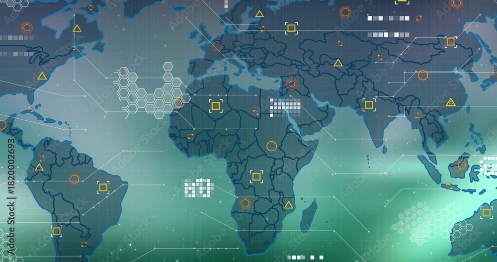 Obraz premium Displaying stylized world map on dashboard, showing continents, node markers, connector lines