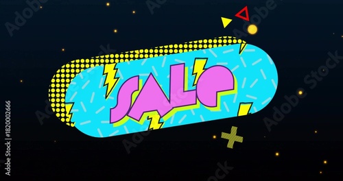 Showing rounded pill banner centered on navy gradient, featuring SALE text, lightning, sprinkles