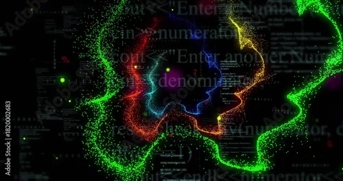 Fototapeta Spinning multicolored particle vortex in deep black void, showing neon streams, glowing orbs, code