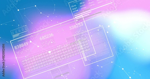Floating hologram keyboard and clear panels glowing on purple-pink gradient, showing numeric 838849
