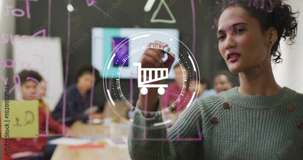 Obraz premium Writing green knit presenter drawing on glass board in office with marker cart overlay, copy space