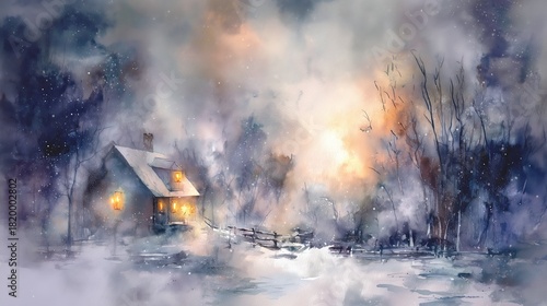 Cozy house with warm light near frozen lake in winter landscape  
