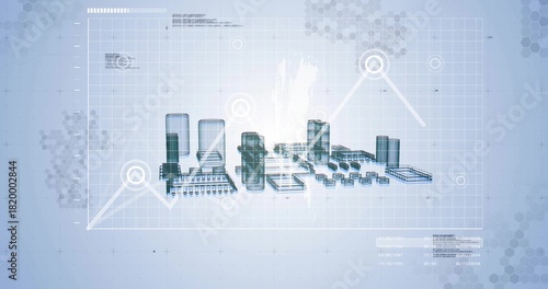 Displaying 3D industrial complex hovering on light blue grid, showing tanks, conveyors, HUD graph