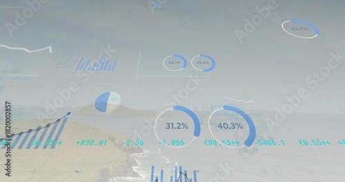 Overlaying translucent charts across coastline, showing circular gauges, numeric values, gridlines © vectorfusionart