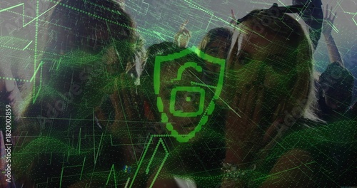 Cheering six friends wearing wristbands leaning in at club, with neon-green shield overlay