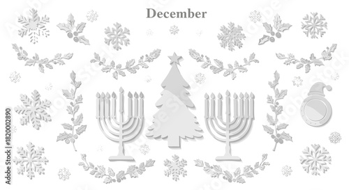 December holiday icons including snowflakes, menorahs, christmas tree, santa hat