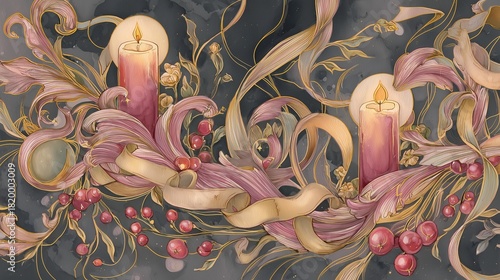 Artistic composition of floral elements and candles in a dark background  