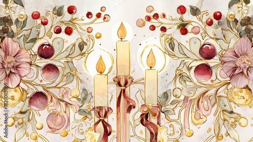 Elegant holiday candle composition with flowers and berries background  