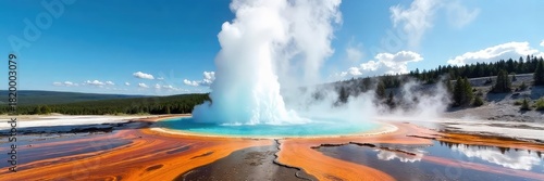 Majestic Yellowstone geyser erupting, hot water and steam rising against a vibrant blue sky A stunning display of nature's power in Wyoming's iconic national park , eruption, awesome