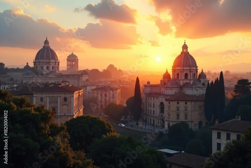 Serene cityscape view of Rome at dawn, sunlight illuminating ancient ruins, a peaceful meditative atmosphere , cityscape, mindfulness, columns