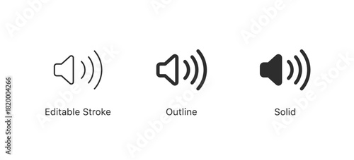 Volume speaker icons , Volume Up/Speaker On icon (speaker cone and sound waves) in editable stroke, outline, and solid styles, perfect for audio controls, media players, and modern UI elements.