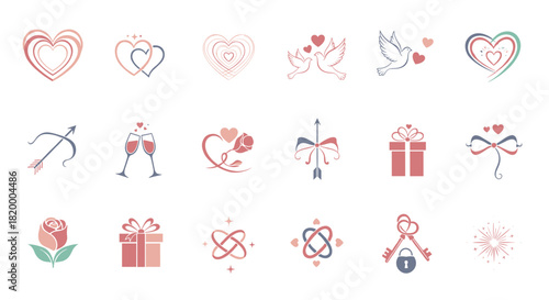 Collection of romantic icons for valentines day and weddings