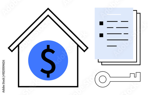 House outline with dollar symbol, document stack, and key. Ideal for property ownership, real estate transactions, investment, mortgage, home finance legal agreement housing market trends. Simple