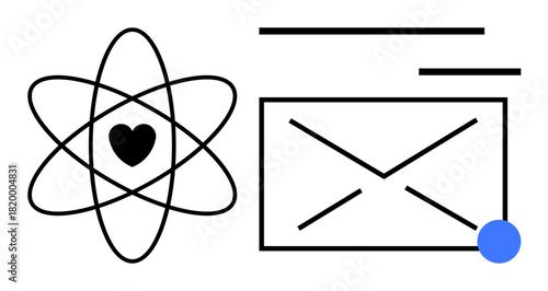 Atomic structure with heart at the center and envelope with notification dot, representing science, love, and communication. Ideal for technology, education, messaging, connection, innovation
