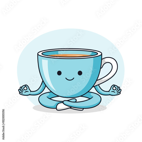 Cute blue teacup with arms and legs meditating in a yoga pose, smiling