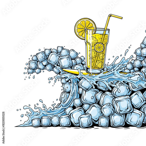 A refreshing glass of lemonade with ice cubes and a lemon slice on top