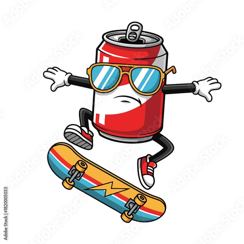 A fun cartoon soda can wearing sunglasses and rollerblading on a colorful skateboard
