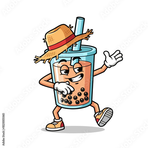 Cheerful anthropomorphic bubble tea cup with hat and sneakers dancing on
