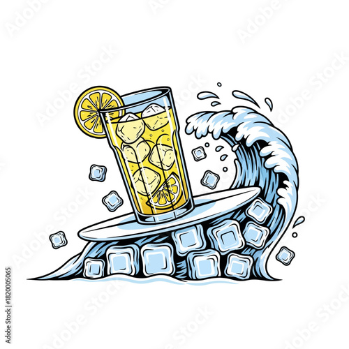 A glass of lemonade with ice cubes and a lemon slice on a wave of ice cubes, vector illustration