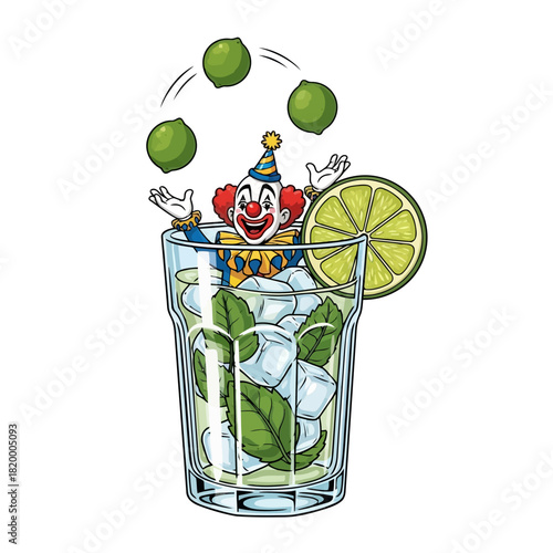 Clown juggling fruits in a glass with ice and lime slice, colorful and playful illustration