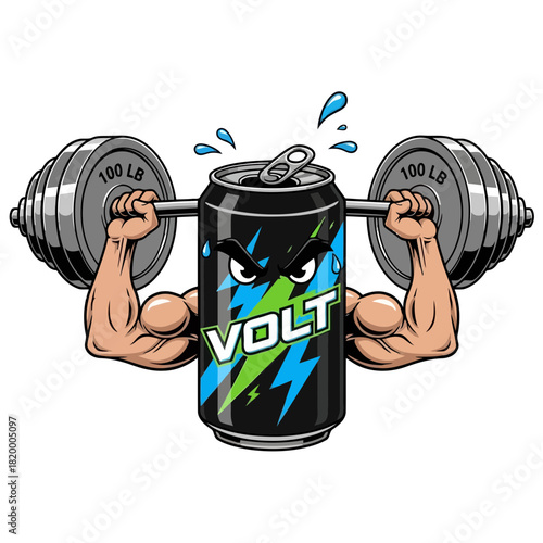 A muscular arm lifting a can of energy drink with lightning bolts and the word volt on it