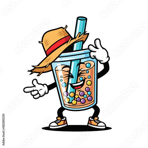 Cartoon character of a colorful cup with arms and legs wearing a hat and holding a straw, standing cheerfully