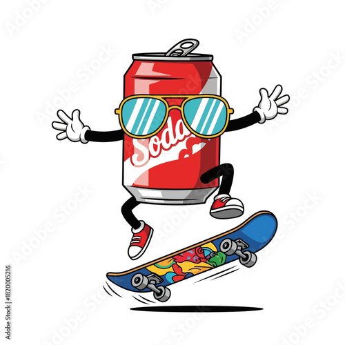 A cartoon soda can with sunglasses and a skateboard, anthropomorphized and having fun, vector illustration