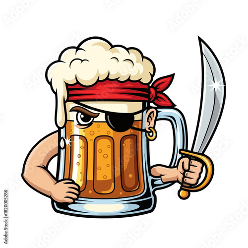 Cartoon beer mug with pirate eye patch and sword, humorous and festive illustration