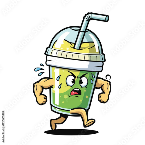 A cartoon green drink with a straw and arms, looking angry and sweating, walking on its own